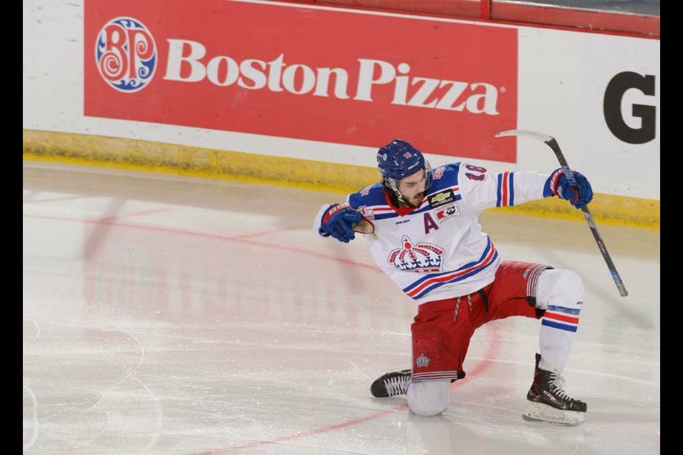 Ben Brar (#18) pulls an arrow from his quiver after scoring a goal at the 2019 National Championship for the Prince George Spruce Kings (via Hockey Canada/Matthew Murnaghan)