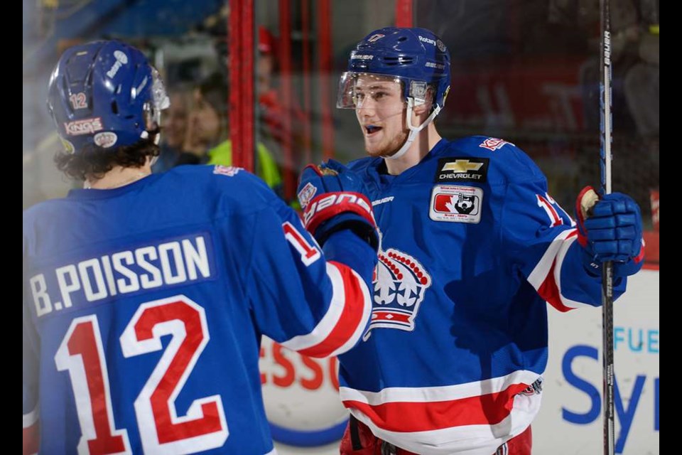 Nolan Welsh (#17) celebrates a goal at the 2019 National Championship with his Prince George Spruce Kings captain Ben Poisson (via Hockey Canada/Matthew Murnaghan)