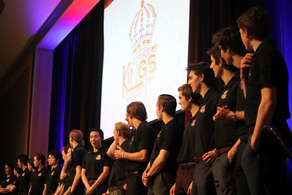 Prince George Spruce Kings line-up on stage for the celebration of their 2018-19 season (via Kyle Balzer)