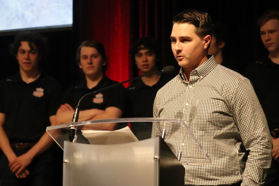 Prince George Spruce Kings Head Coach Adam Maglio speaking at the team's season-end celebration at the Civic Centre (via Kyle Balzer)