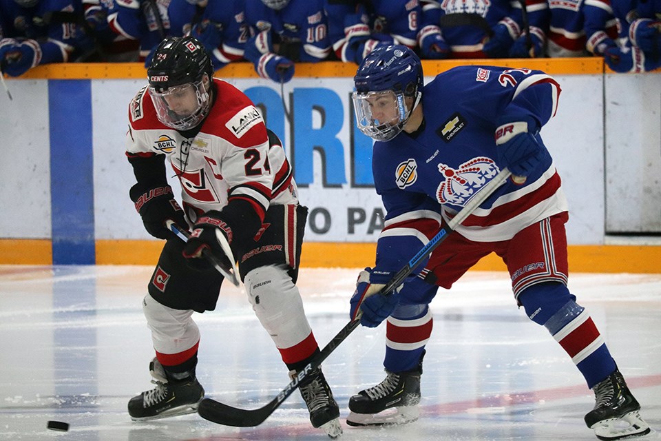 Prince George Spruce Kings' Andrew Seaman (#27) in action at the RMCA against the Merritt Centennials in 2020-21 exhibition play. (via Kyle Balzer, PrinceGeorgeMatters)