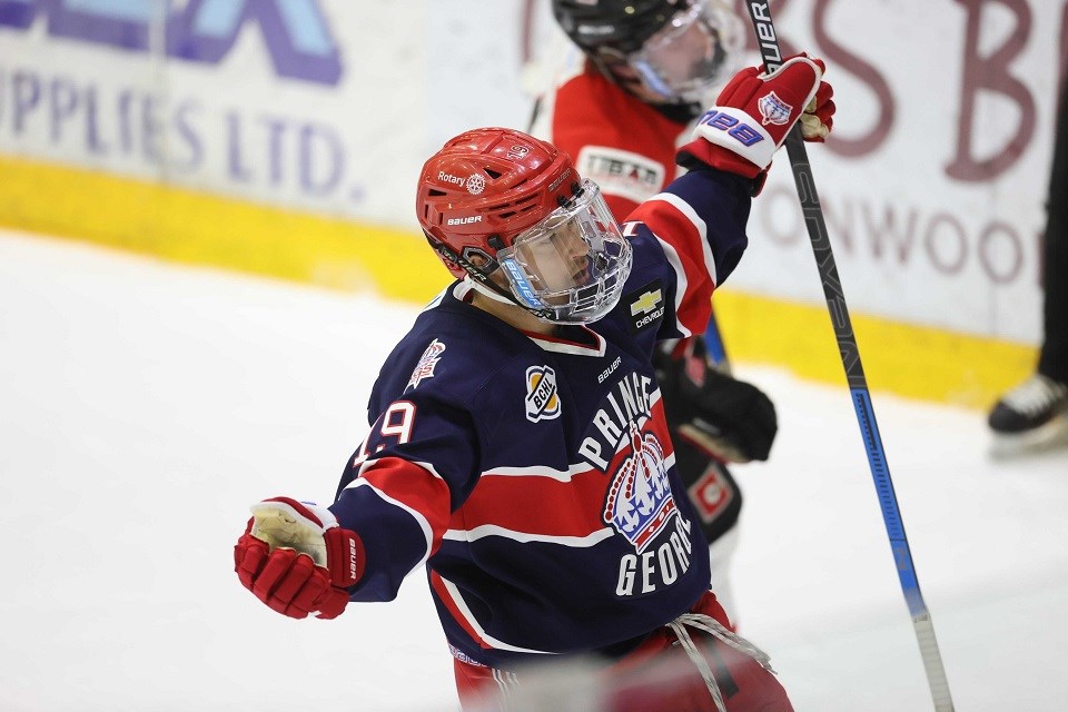 Prince George Spruce Kings' Christian Buono (#19) scores a goal against Merritt while rockin' the reverse retro jersey during the 2020-21 BCHL pod season.