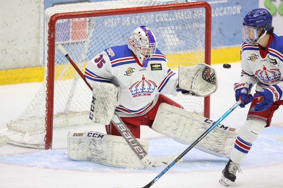 Prince George Spruce Kings' Aaron Trotter (#35) makes a save against the Chilliwack Chiefs during the 2020-21 BCHL pod season.