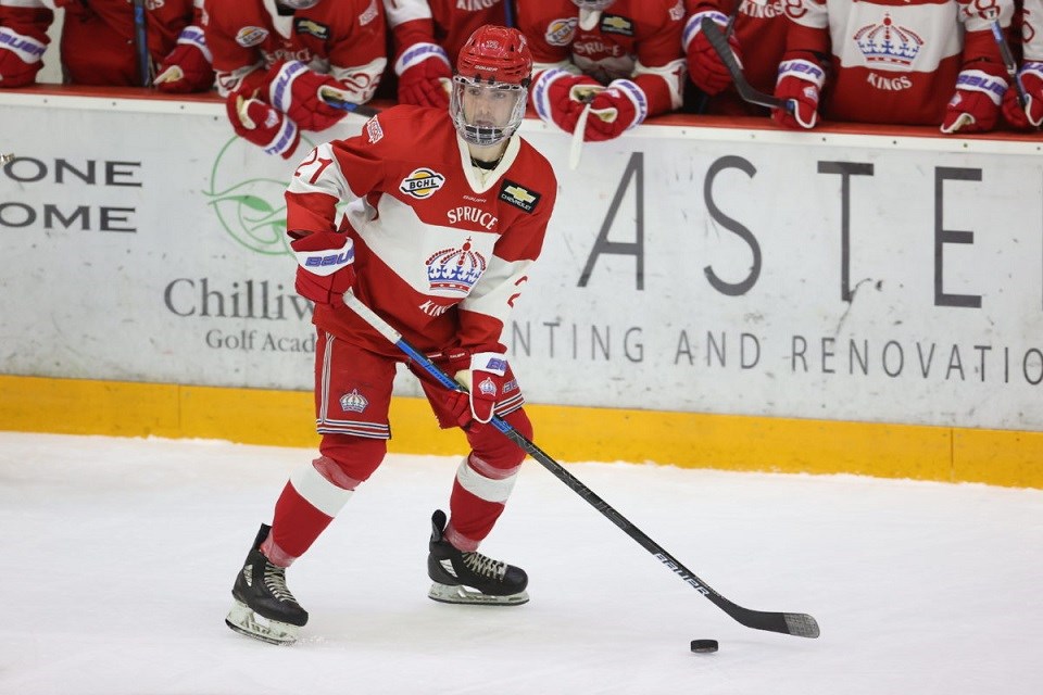 Carter Cochrane (#21) skates with the puck for the Prince George Spruce Kings during a 2020-21 BCHL pod season game.