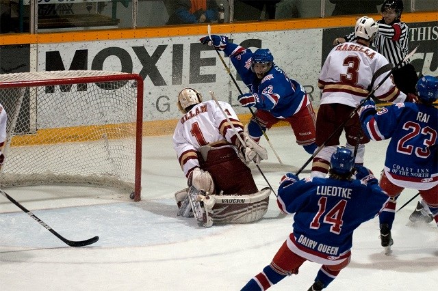Chad Staley (#22) scores a goal for the Prince George Spruce Kings against Chilliwack. (via Facebook/Ron Gallo)