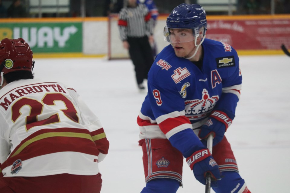 Prince George Spruce Kings' Dustin Manz (#9) waits for a pass against the Chilliwack Chiefs at the Rolling Mix Concrete Arena (via Kyle Balzer)