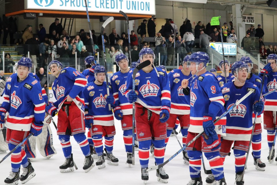 Prince George Spruce Kings salute the fans after a win against the Chilliwack Chiefs at the Rolling Mix Concrete Arena (via Kyle Balzer)