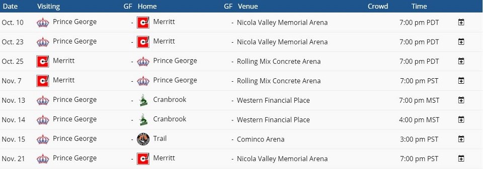 Spruce Kings 2020 exhibition schedule - BCHL