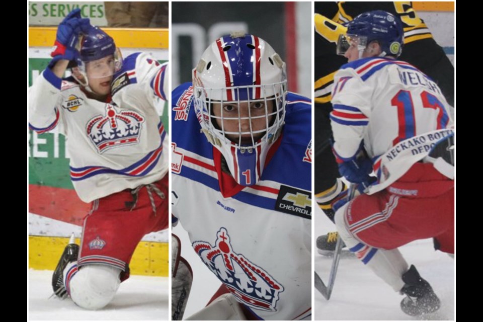 [From left to right] Defenceman Layton Ahac, Goaltender Logan Neaton, & Forward Nolan Welsh of the Prince George Spruce Kings (via Kyle Balzer)