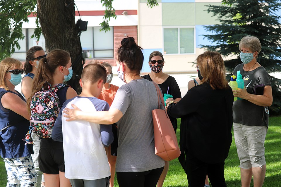 Members of Prince George winter sports community are gathered at city hall on July 27, 2020, voicing their concerns of closing arenas for an extended period of time. (via Kyle Balzer, PrinceGeorgeMatters)