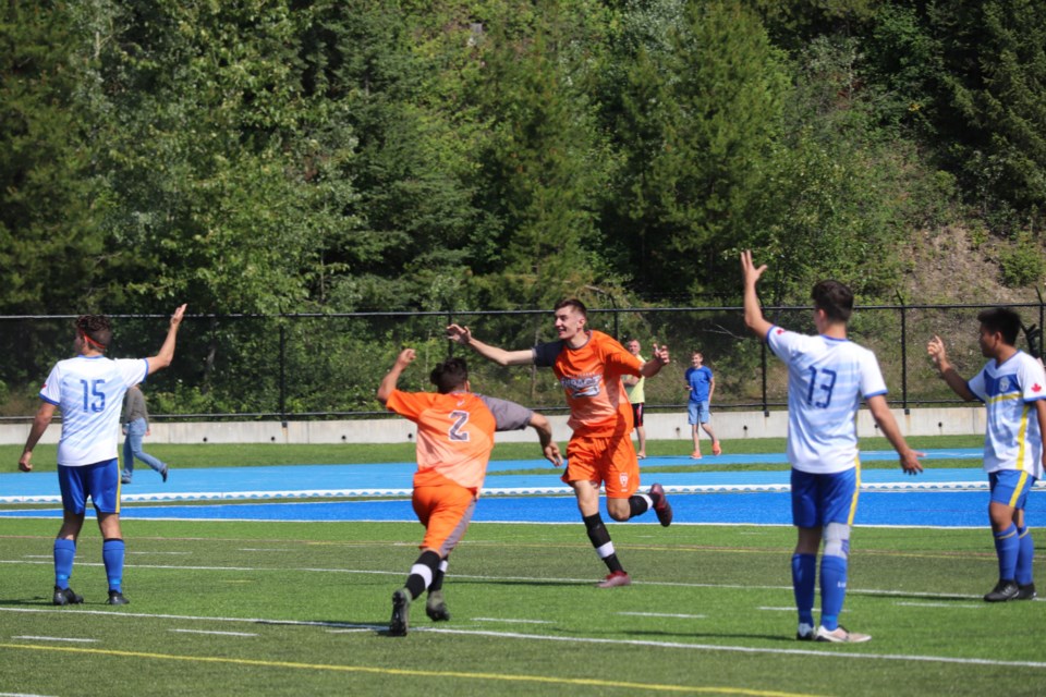 Demian Dron (#7) celebrates a goal for Prince George against Langley at the 2019 Provincial 'B' Cup (via Kyle Balzer)