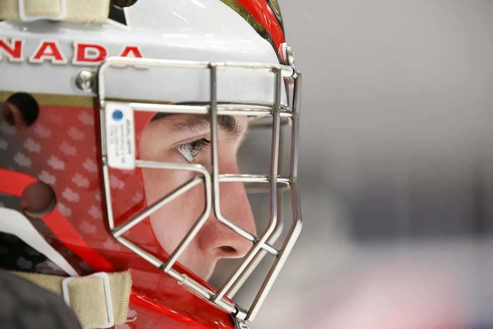 Prince George Cougars goaltender Taylor Gauthier on Team Canada at the 2019 World Under-18 Championships in Sweden (via Chris Tanouye/HHOF-IIHF Images)