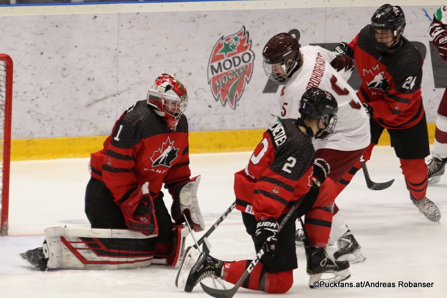 Taylor Gauthier of the Prince George Cougars makes a save for Canada against Latvia in the World Under-18 quarter-finals (via Andreas Robanser)