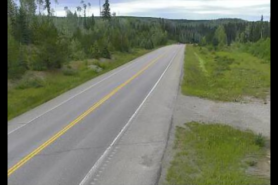 Highway 97 on the east side of McLeod Lake, just south of Whiskers Point Provincial Park entrance, looking south. (via Drive B.C.)