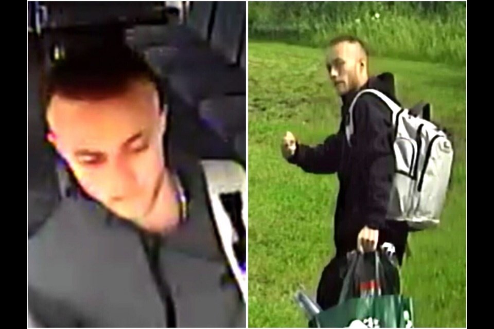 Prince George RCMP are looking for the suspect in the above photos believed to have been involved in the assault of a bus driver in July 2020. (via Prince George RCMP)