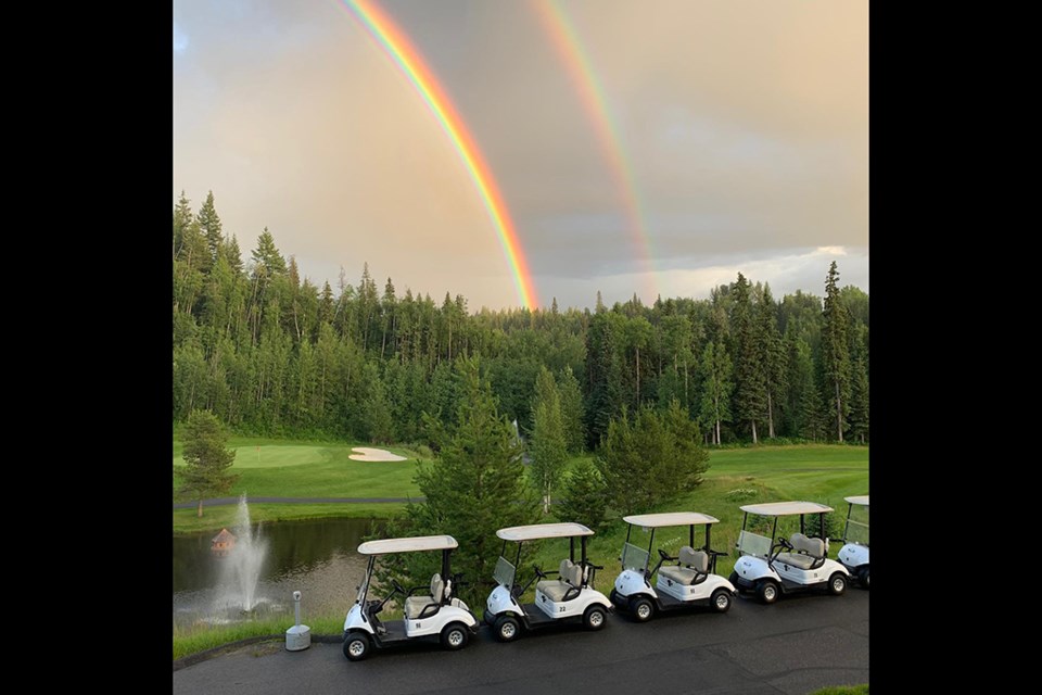 A uniquely bright double rainbow towers over Aberdeen Glen Golf Club in the Prince George summer sky on July 12, 2020. (via Facebook/Aberdeen Glen Golf Course)