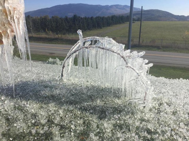 Okanagan College quickly became a frozen wonderland after its sprinkler system was left on. (via Jody Dean/Contributed)