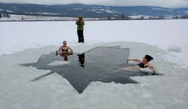 B C Woman Carves Maple Leaf Swimming Hole In Frozen Lake Vancouver Is Awesome