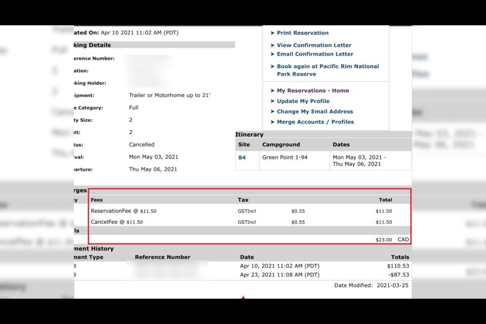 A screenshot of a reservation made by a Kamloops resident who was charged with a cancellation fee for following the new travel order.