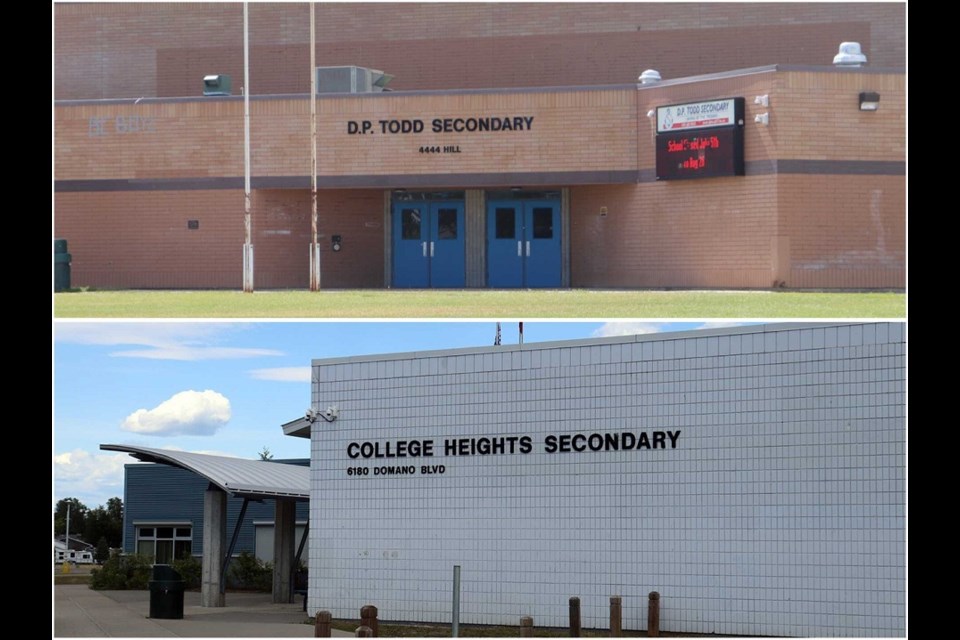 D.P. Todd (top) and College Heights secondary schools were both alerted for COVID-19 exposures on Dec. 16, 2020. (via Hanna Petersen, PrinceGeorgeMatters/Edited by Kyle Balzer, PrinceGeorgeMatters)