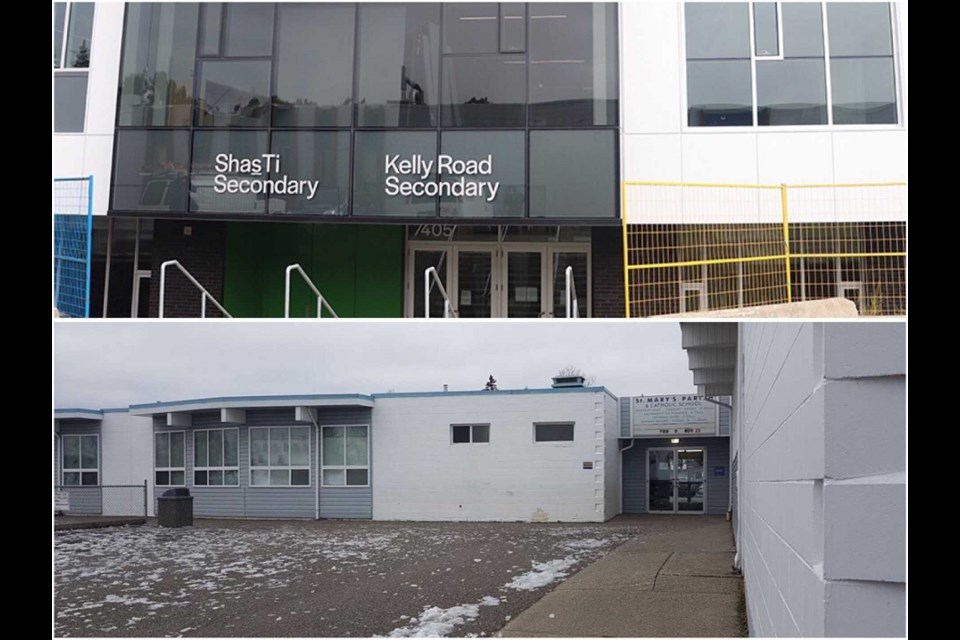 Shas Ti-Kelly Road Secondary (top) and St. Mary's Catholic School in Prince George were both alerted of additional COVID-19 expsoure events. (via Google Maps/Hanna Petersen, PrinceGeorgeMatters/Edited by Kyle Balzer, PrinceGeorgeMatters)