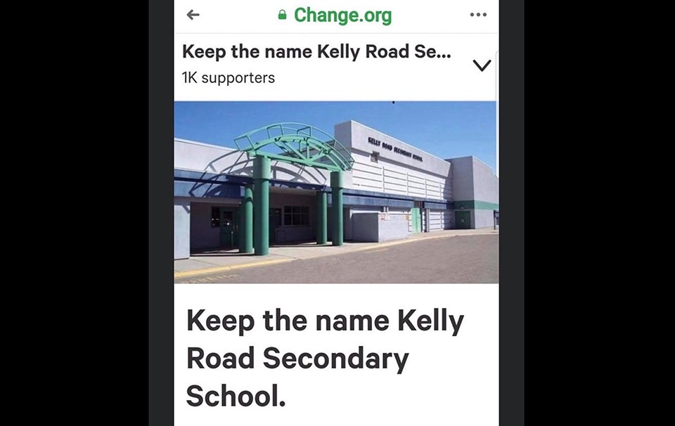 A Change.org petition has been created after SD57 Board of Education unanimously agreed to start the process of changing Kelly Road Secondary's name. (via Screenshot)