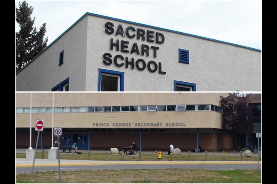Sacred Heart Elementary (top) and Prince George Secondary were listed by Northern Health for COVID-19 exposure events on April 13, 2021.