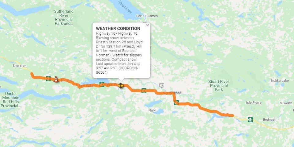 Drive BC slippery sections west of Prince George - Jan. 4, 2021