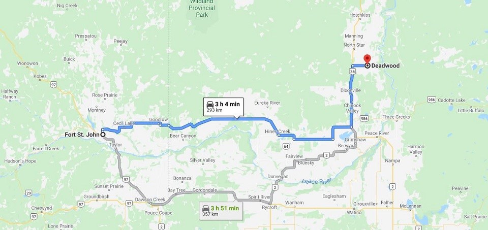 Fort St. John to Deadwood - Google Maps