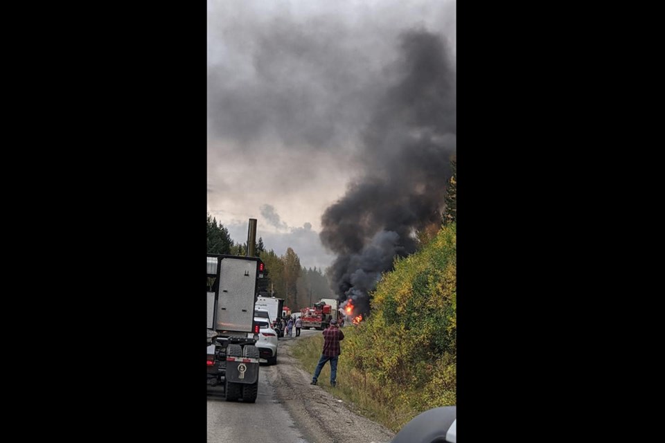 Highway 16 east of Prince George is closed in both direction due to a vehicle incident. It appears a vehicle is on fire on the right side of the photo. (via Facebook/Karlee Stylers)