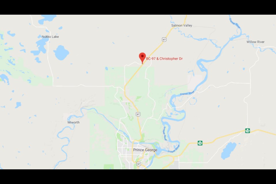 The intersection of Highway 97 and Christopher Drive is at the north end of Prince George city limits (via Google Maps)