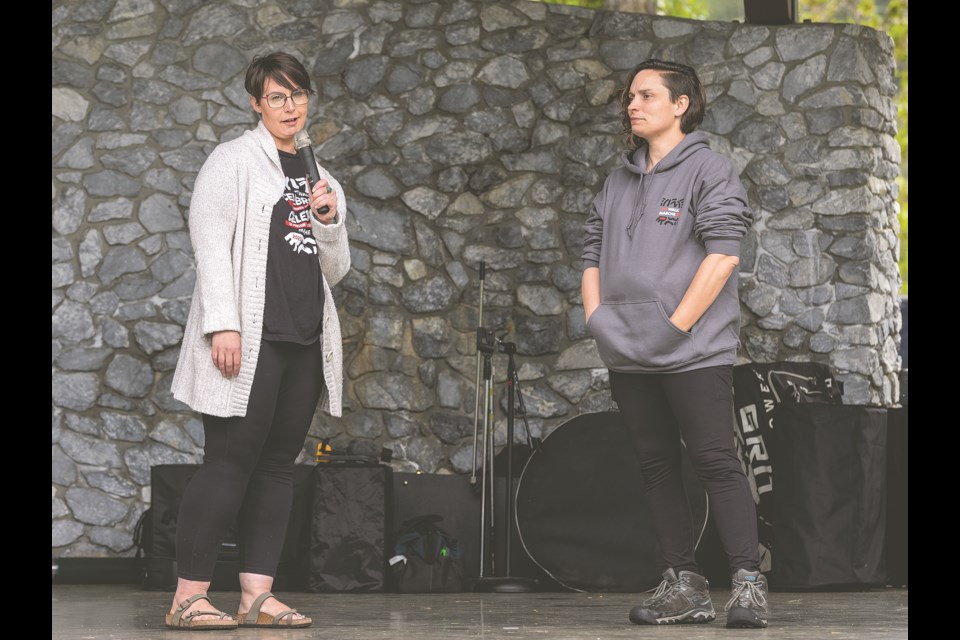 Walk co-ordinator Ashley Provencher (left) interviews Elaine Smith about her 16-year journey with MS while raising her three children during the opening ceremonies for the 2024 Prince George MS Walk on Sunday, May 26., 2024 at Lheidli T'enneh Memorial Park in Prince George, B.C. 