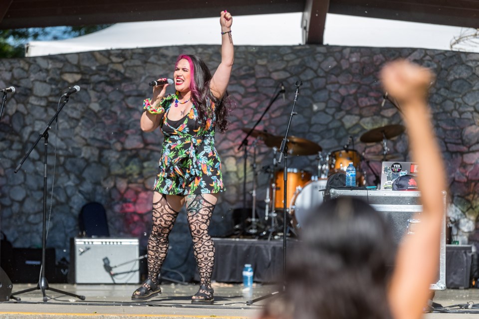 Dani Lion performs in front of excited onlookers during the 2024 National Indigenous Peoples Day celebration at Lheidli T'enneh Memorial Park.