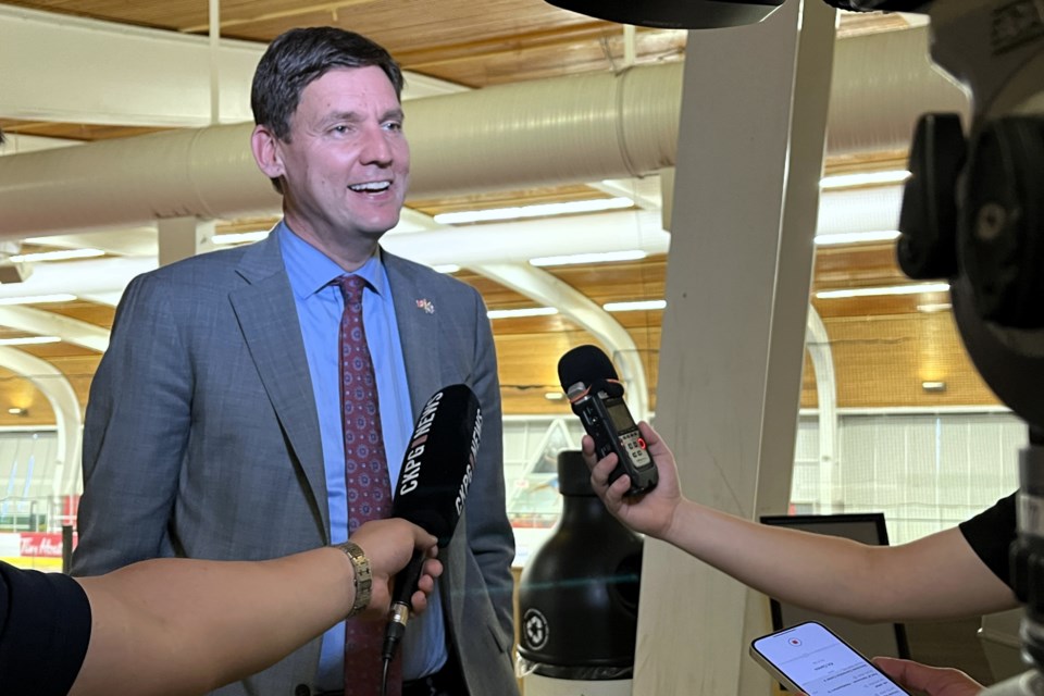 Premier David Eby speaks to reporters in Kin 1 ahead of the opening ceremonies for the 2025 Special Olympics BC Summer Games in Prince George on Thursday, July 10, 2025.