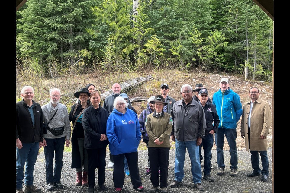 Elders of Lheidli T’enneh, representatives from BC Parks, and project leads gather for a photo to commemorate the ground-breaking ceremony at the Ancient Forest on Tuesday, May 20, 2025.
