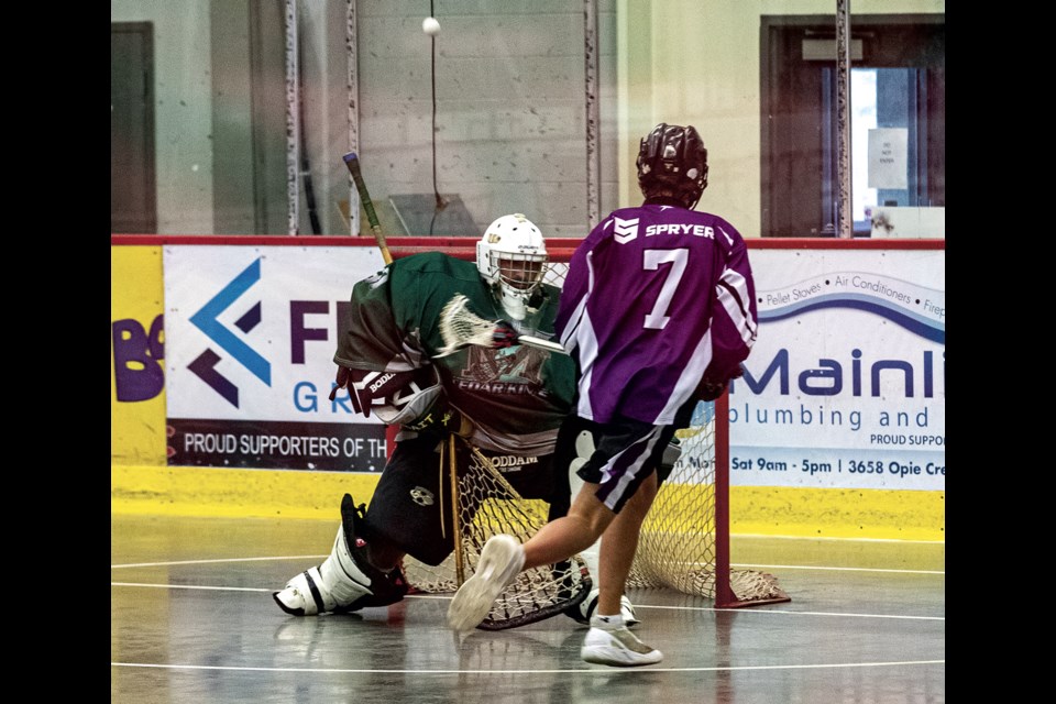 The ball bounces harmlessly off the pads of Mission Cedar Kings goalie Devon Winter as he stops the shot of Prince George Assault attacker Hunter Moleski during the opening game of the Glen "Moose" Scott Invitational BC Senior 'C' Lacrosse Provincials at Kin 1 Friday, August 8, 2025.