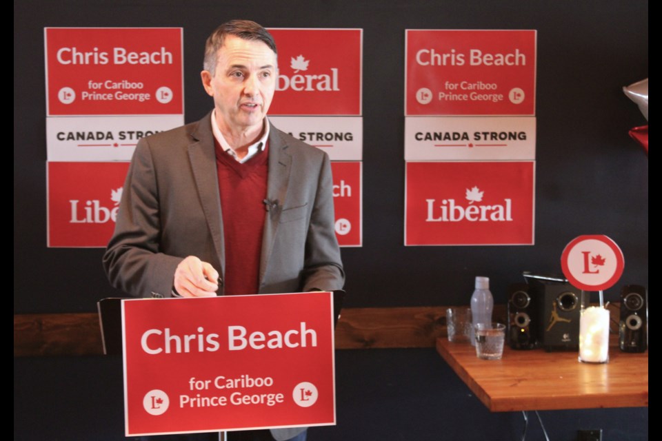 Chris Beach introduces himself as the Liberal Party of Canada's candidate for Cariboo-Prince George at Betulla Burning on Friday, March 28.
