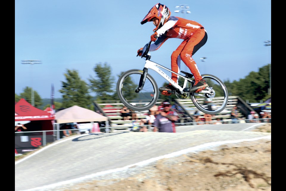Jaxon Woods clears a jump at SuperTrak BMX in the 12 Expert class race of the Northern Lights Nationals Friday, August 29, 2025.