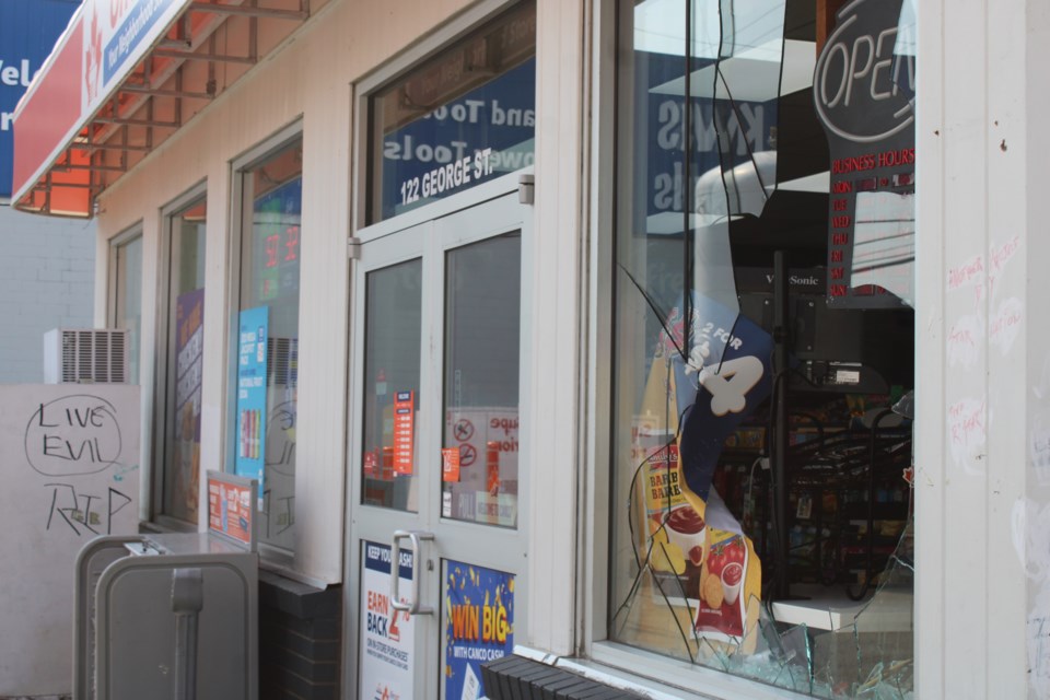 This window at the Canco station on First Avenue was broken by suspects to gain access to the building on Thursday, July 31, 2025 in Prince George, BC.