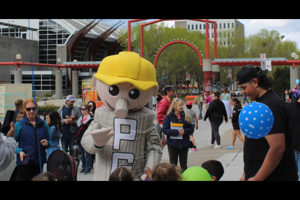 Mr.PG says hello to families at the Civic Centre during CityFest on Wednesday, May 21, 2025 in Prince George, BC.