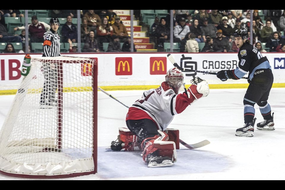 Winterhawks forward Diego Buttazzoni's shot goes over the shoulder of Cougars goalie Josh Ravensbergen into the back of the net to take a two point lead and make it 4-2 with less than three minutes left in the third period Saturday, March 29, 2025 at CN Centre.