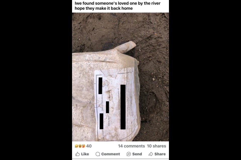 A Facebook post about the discovery of cremated human remains was deleted after RCMP were notified. The Citizen has blacked out all identifying information on the bag holding the remains.