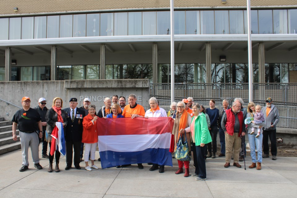 Prince George paid tribute to the liberation of the Netherlandson Monday, May 5, 2025. Attendants at the ceremony include Shirley Bond, (far left) acting Mayor Susan Scott (right), and Paula Foley-Vegt (far right).