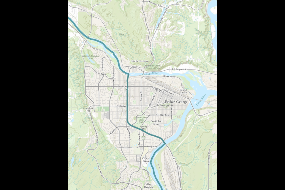 Under the new federal electoral boundaries for the 2025 federal election, the green line marks the border between Cariboo-Prince George to the south and west and Prince George-Peace River-Northern Rockies to the north and east.