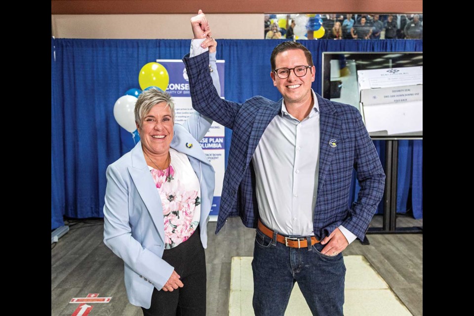 Newly elected Conservative MLAs Rosalyn Bird, Prince George-Valemount and Kiel Giddens, Prince George-Mackenzie, celebrate their victories with party supporters at their election celebration in Prince George Saturday evening.

