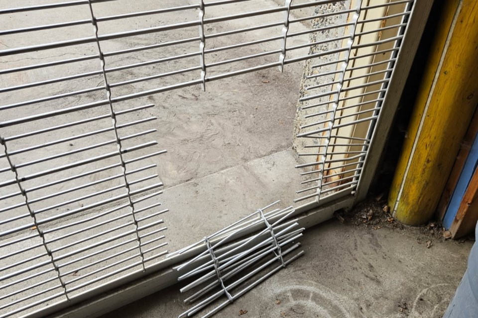 This photo shows the aftermath of a vandal cutting into the loading bay at The Exploration Place.