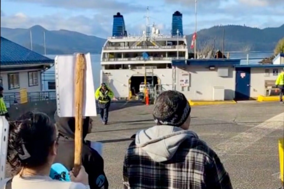 Harold Williams, a resident of Haida Gwaii shares a video of public protesting while a group of alleged associates of the accused in Luke Pearson's death departs from Haida Gwaii toward Prince Rupert on April 29, 2025.