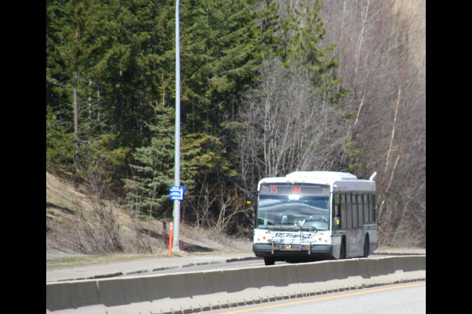 A BC Transit bus heads up University Hill in Prince George on Saturday, April 19, 2025.