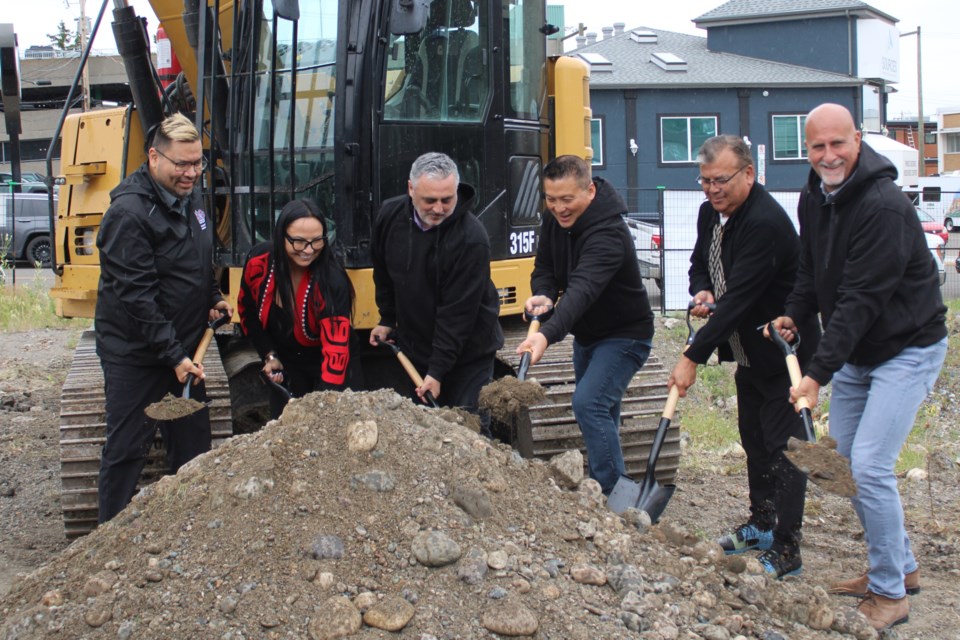 From left to right, Jason Morgan, Mary Teegee, Ron Hill, Mayor Simon Yu, Warner Adam and Ed Mocnik break ground for a new youth housing project on Friday, July 11, 2025 in Prince George, BC.
