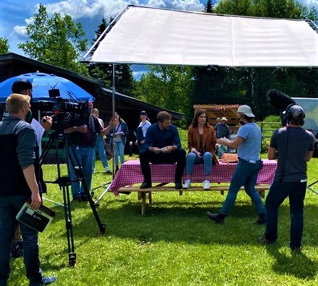 A film crew surrounds Megan Heffern and Jon Cor, the lead actors in The Way To The Heart, during filming a couple weeks ago at a set on Cranbrook Hill.